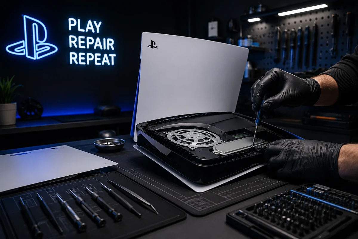 Intervento di manutenzione su una console PlayStation 5